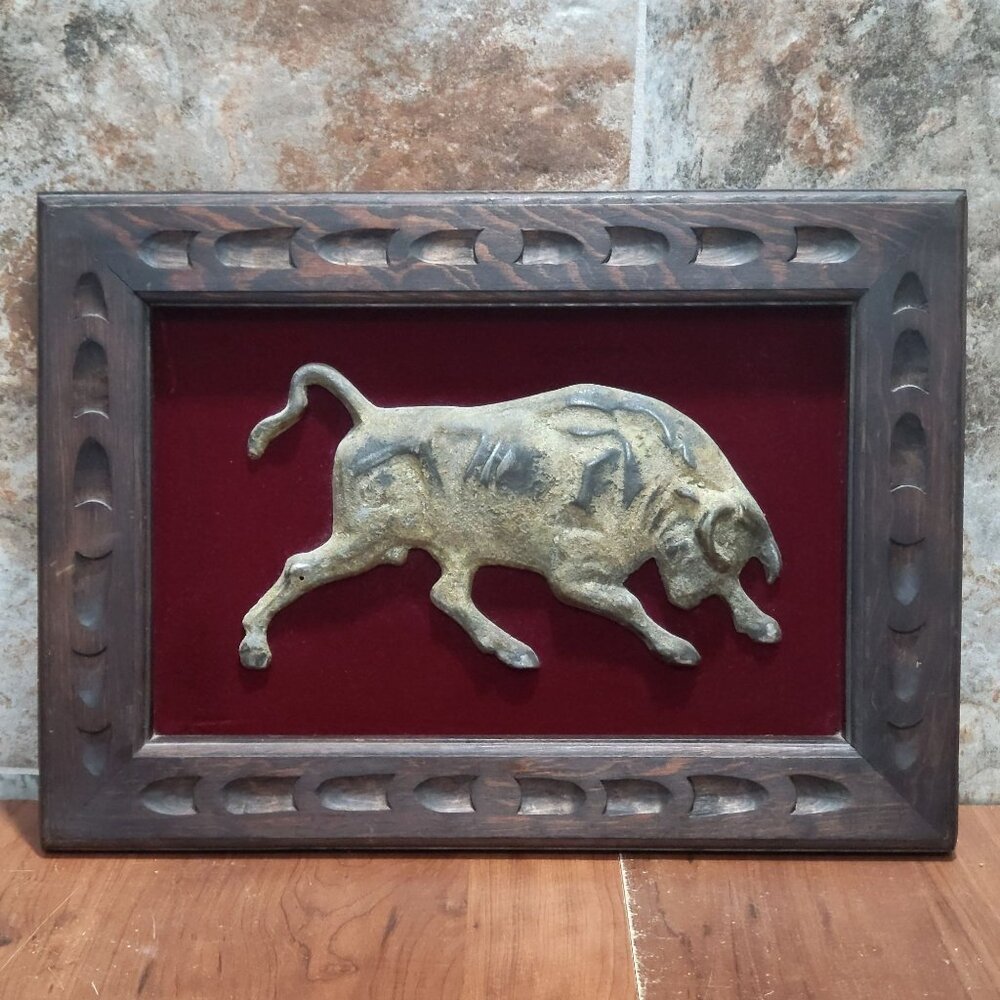 Vintage Metal Brass Bison Bull Red Velvet Wood Framed Wall Decor